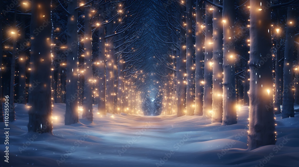 A mesmerizing display of Christmas lights forming a celestial pathway through a snowy forest, guiding the way to holiday magic A mesmerizing display of Christmas lights forming a celestial pathway through a snowy forest, guiding the way to holiday magic