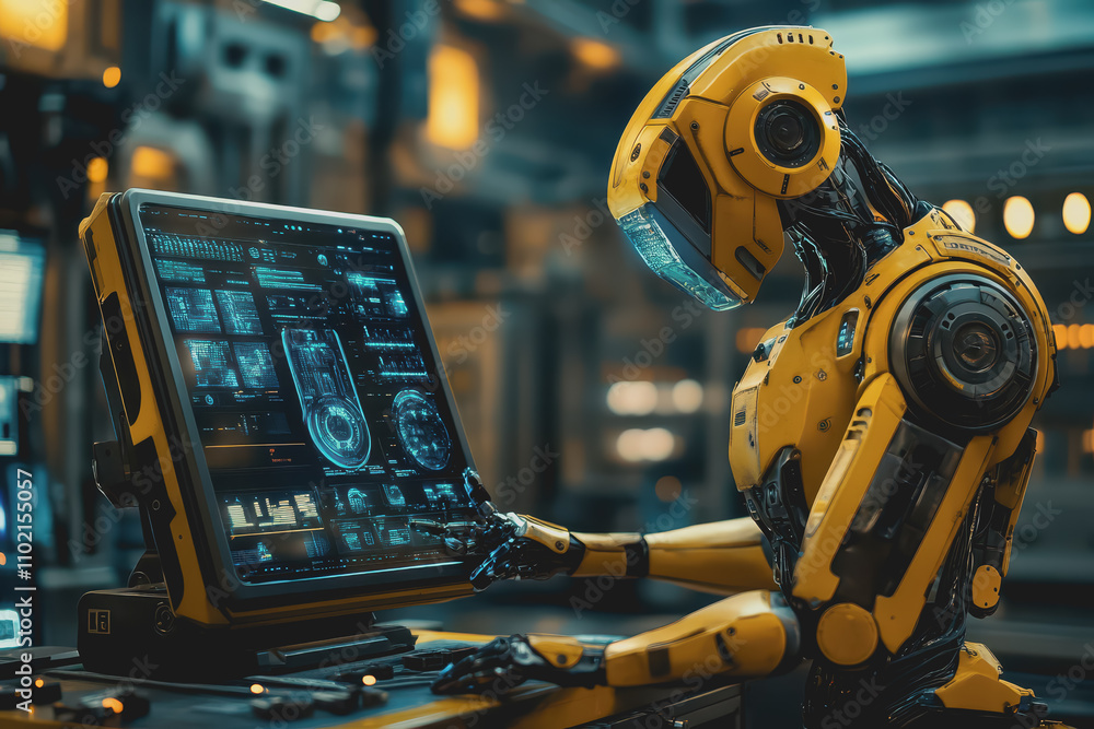 Fototapeta premium Engineer Manager monitors and controls robotic arm automation system in factory using software.