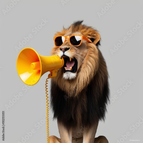 Cool lion in sunglasses holding megaphone. Marketing, sale, discount concept. Special offer