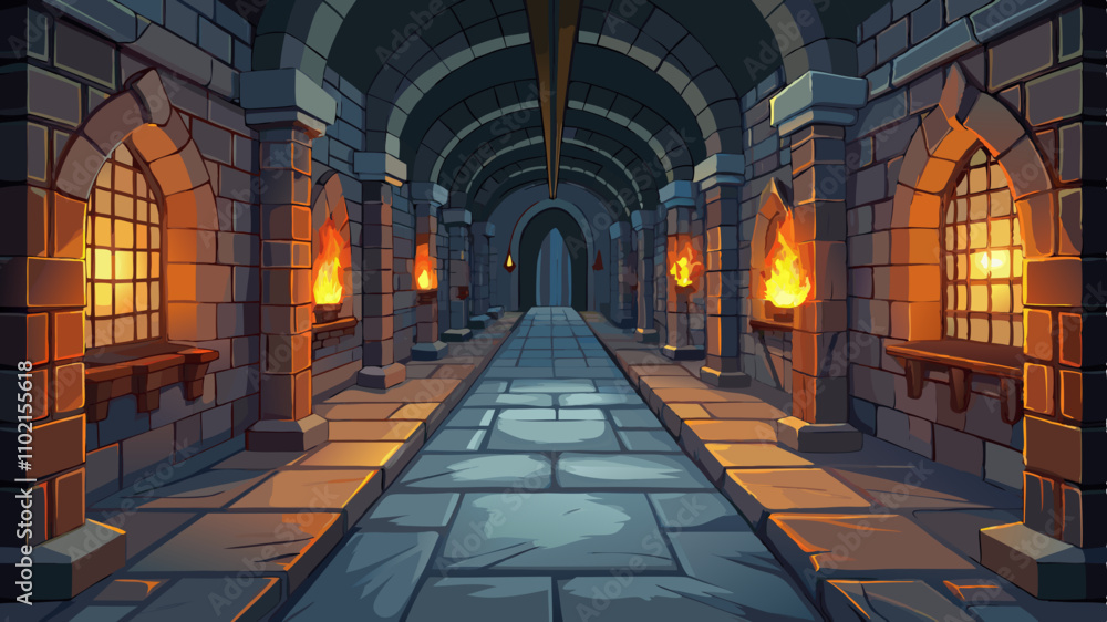 Fototapeta premium Medieval castle dungeon hallway illuminated by flickering flames in stone alcoves