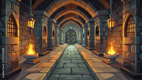 Illuminated medieval castle dungeon hallway with stone archways and flickering torches