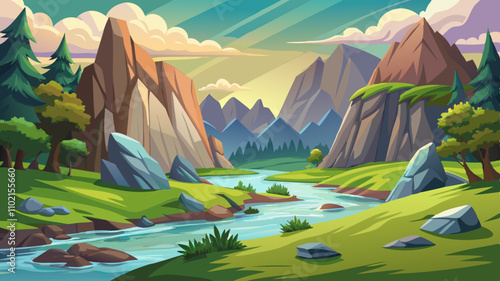Rocky rivers meandering through vibrant hills under a colorful sky at dusk