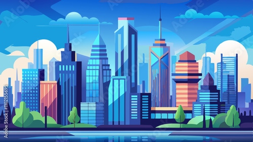 Vibrant cityscape silhouette with modern skyscrapers and lush greenery under a bright sky