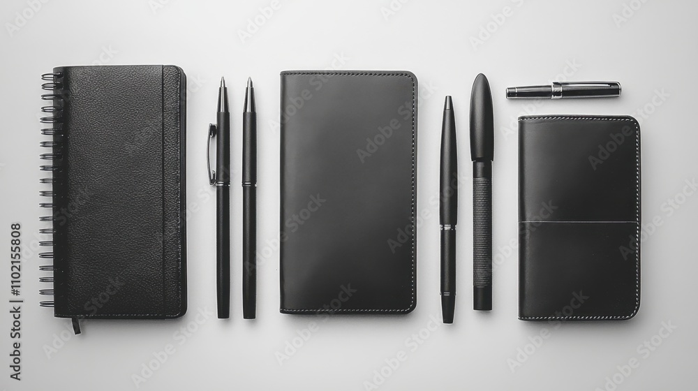 Stylish Collection of Black Notebooks and Pens on White Background Stylish Collection of Black Notebooks and Pens on White Background