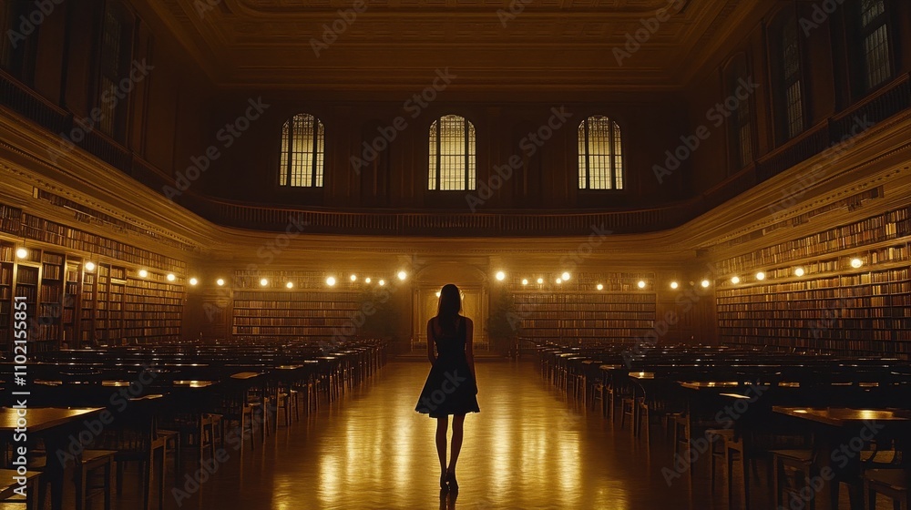 Solitary Figure in a Grand Library Hall with Ornate Arched Windows Solitary Figure in a Grand Library Hall with Ornate Arched Windows