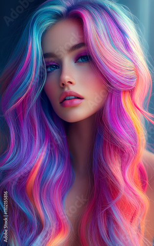 A woman with long, colorful hair is the main focus of the image. The vibrant colors of her hair create a sense of energy and playfulness