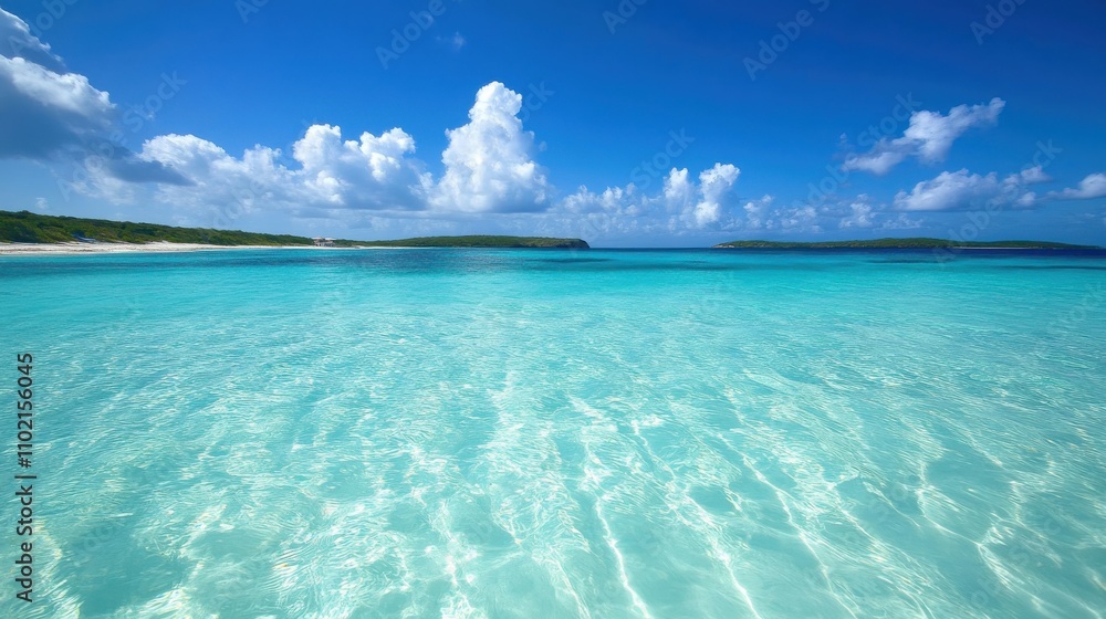 Obraz premium Crystal clear turquoise waters at a tranquil beach under a bright blue sky