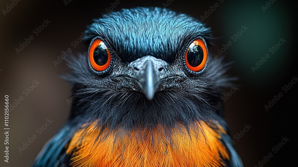 Close-up portrait of vibrant bird with striking orange eyes and plumage