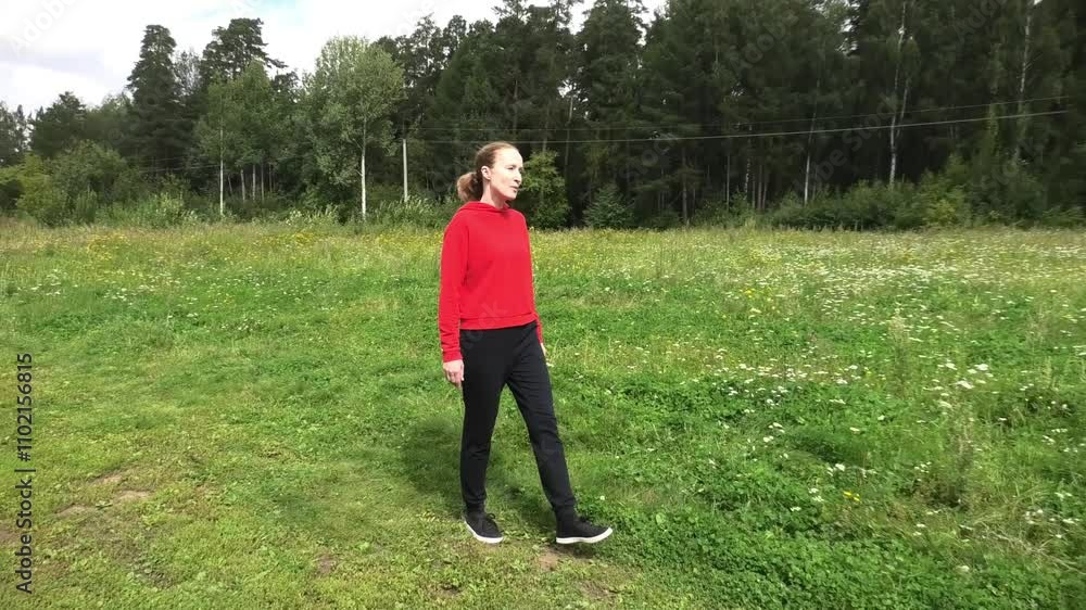 Woman walking in sunny summer field and singing, side view Woman walking in sunny summer field and singing, side view