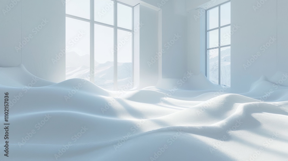 Obraz premium A spacious room bathed in sunlight features soft, flowing white waves across the floor, leading toward large windows with a view of a serene, snowy landscape. The scene evokes calm and tranquility in