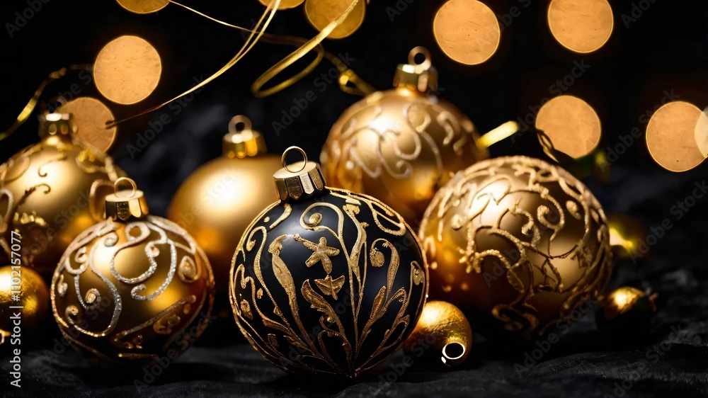 AI GENERATE, Golden Christmas baubles on a black background for a glamorous look AI GENERATE, Golden Christmas baubles on a black background for a glamorous look