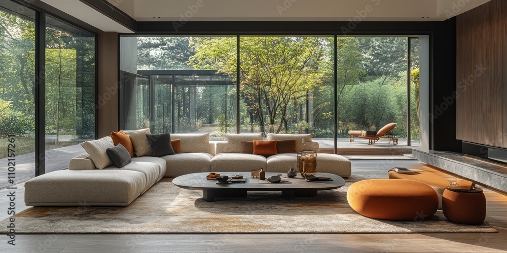Fototapeta premium Modern Living Room Design With Garden View