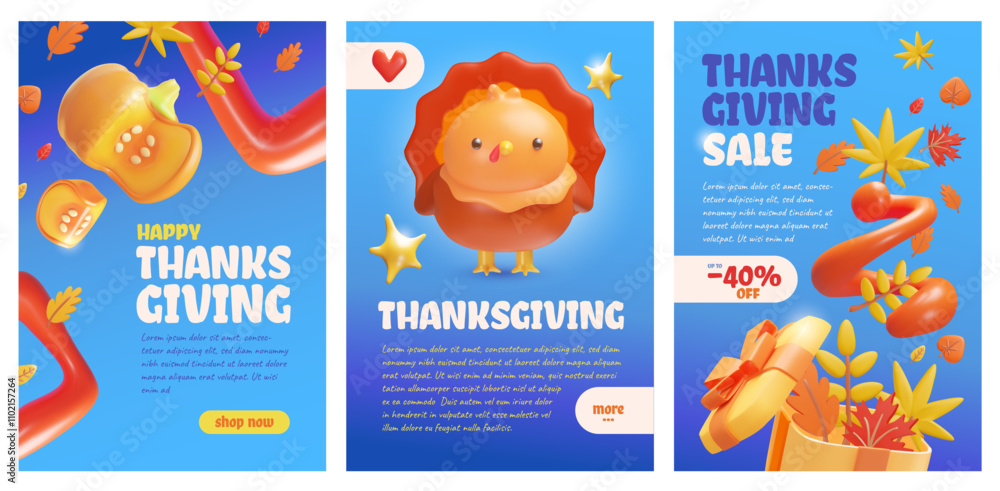 Fototapeta premium Thanksgiving sale poster featuring a cheerful pumpkin and autumn leaves.