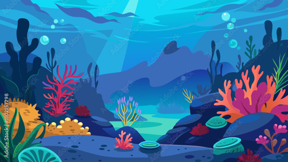 Fototapeta premium Vibrant coral reef teeming with marine life in deep blue ocean waters
