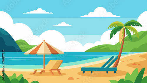Relaxing summer vacation loungers on a serene beach landscape with palm trees and clear blue waters