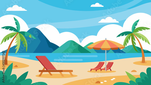 Summer vacation loungers on a peaceful beach with palm trees and mountains in the background