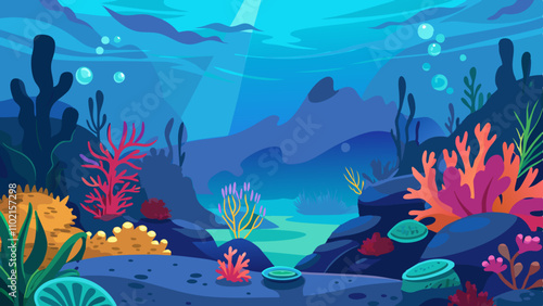 Vibrant coral reef teeming with marine life in deep blue ocean waters