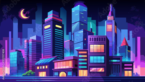 Vibrant nighttime cityscape with neon glowing buildings in a modern urban environment