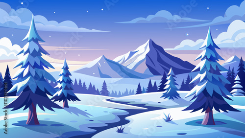 Winter landscape featuring fir trees and a serene snowy environment with distant mountains in twilight