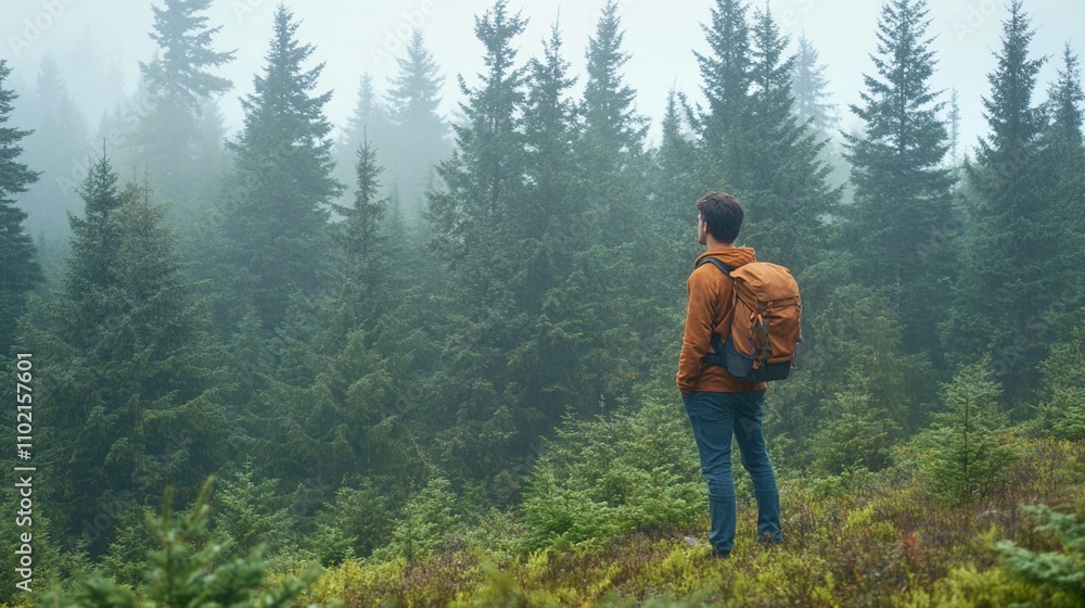 Lone hiker with orange backpack gazes into misty pine forest, standing on mossy ground. Ethereal fog envelops towering evergreens, creating mystical atmosphere. Lone hiker with orange backpack gazes into misty pine forest, standing on mossy ground. Ethereal fog envelops towering evergreens, creating mystical atmosphere.