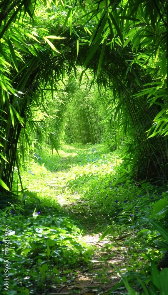 A serene stroll along a winding path in a lush bamboo forest beneath dappled sunlight A serene stroll along a winding path in a lush bamboo forest beneath dappled sunlight