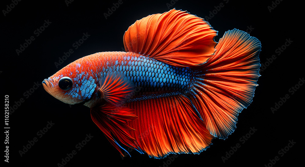 A fish with orange and blue fins is swimming in a black tank. The fish is the main focus of the image, and its colors create a vibrant and lively atmosphere A fish with orange and blue fins is swimming in a black tank. The fish is the main focus of the image, and its colors create a vibrant and lively atmosphere