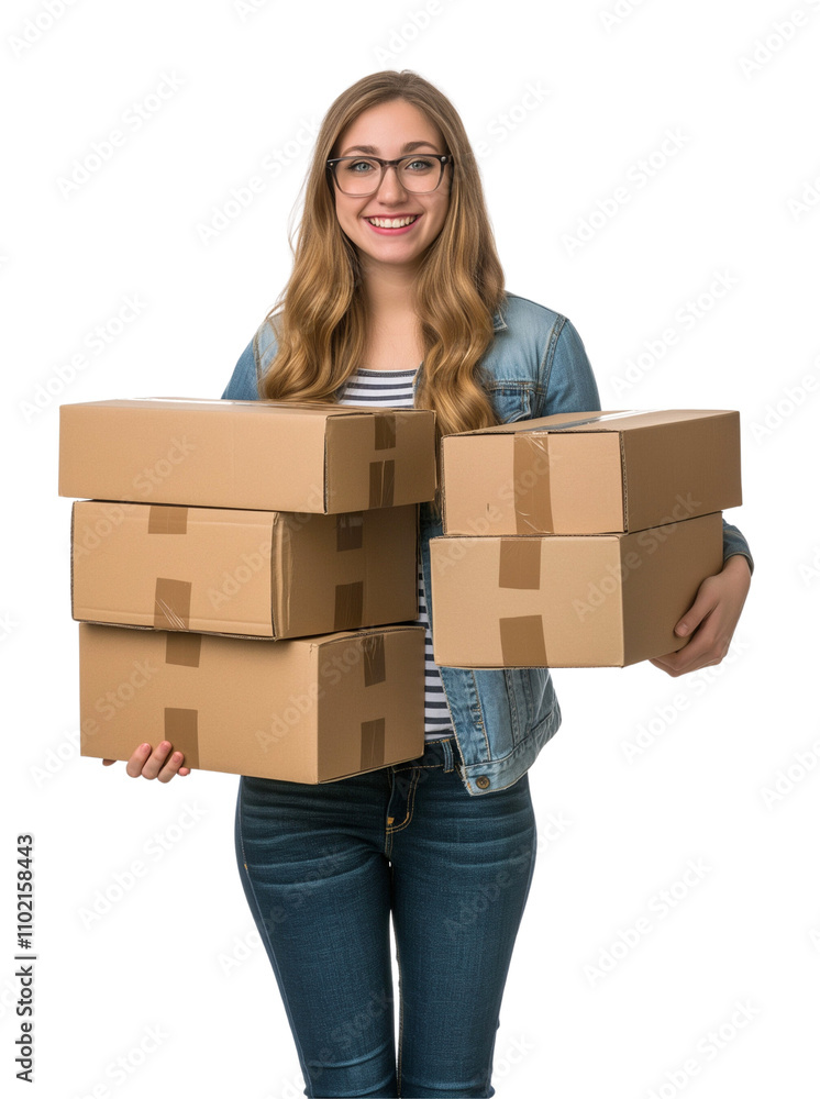 Smiling woman carrying moving boxes and looking front isolated on white or transparent background, cutout PNG Smiling woman carrying moving boxes and looking front isolated on white or transparent background, cutout PNG