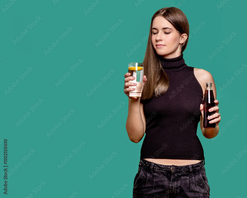 A teenage girl is faced with a choice - a healthy drink or a harmful sweet fizzy drink A teenage girl is faced with a choice - a healthy drink or a harmful sweet fizzy drink