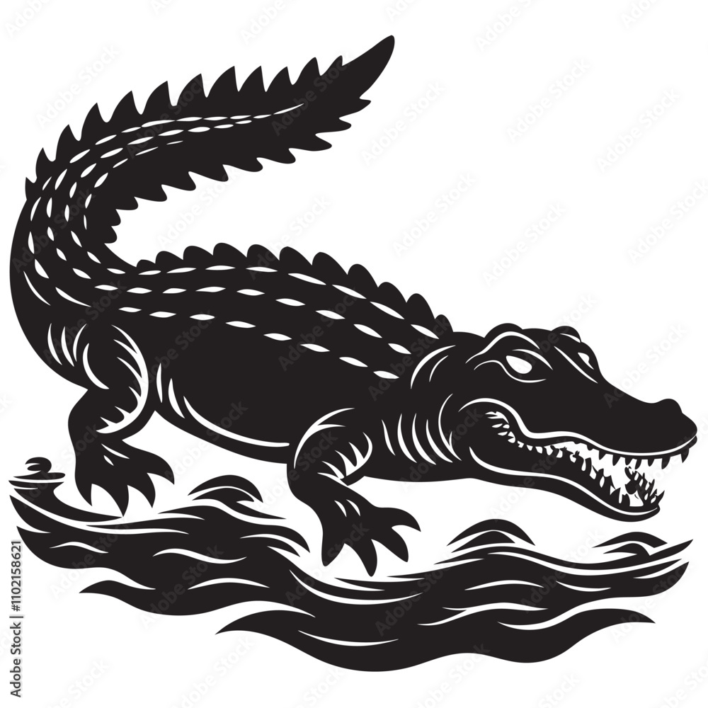 A Black Silhouette of a Crocodile in water on a isoleted white background A Black Silhouette of a Crocodile in water on a isoleted white background