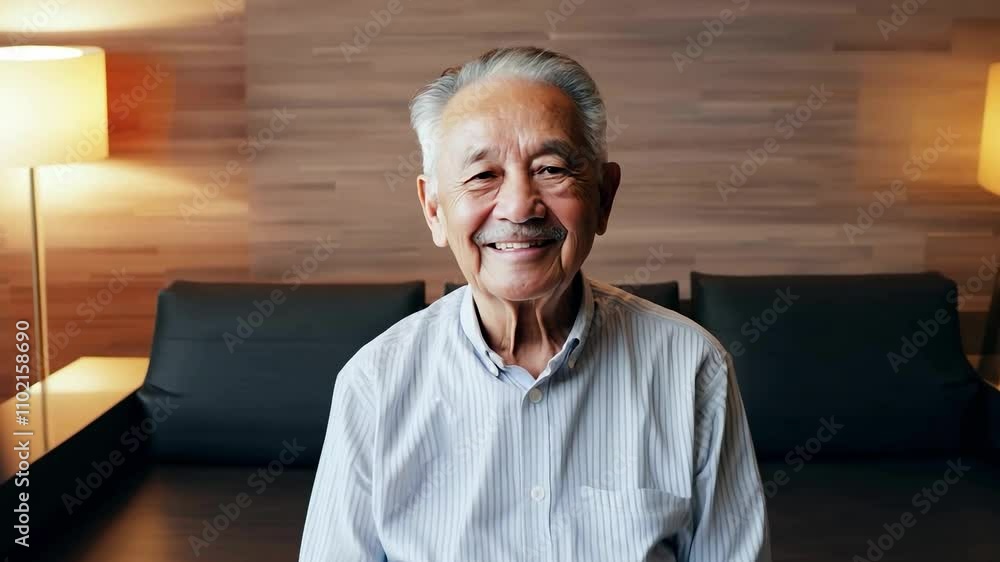 Smiling elderly man sitting on sofa in modern living room. Indoor portrait with warm lighting. Senior lifestyle concept Smiling elderly man sitting on sofa in modern living room. Indoor portrait with warm lighting. Senior lifestyle concept