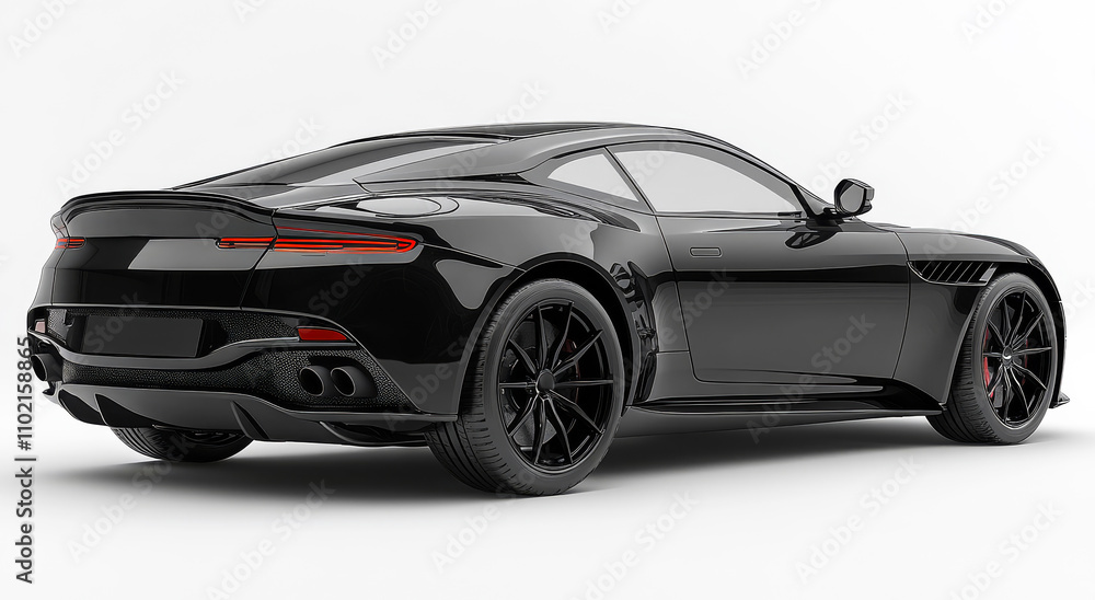 Fototapeta premium A black sports car with a black wheel. The car is parked on a white background. The car is sleek and shiny, with a black stripe on the side. The car is a symbol of luxury and speed