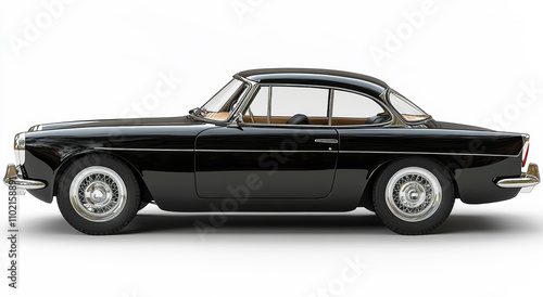 A black vintage car is parked on a white background. The car is shiny and well-maintained, giving off a sense of luxury and elegance. The image evokes a feeling of nostalgia