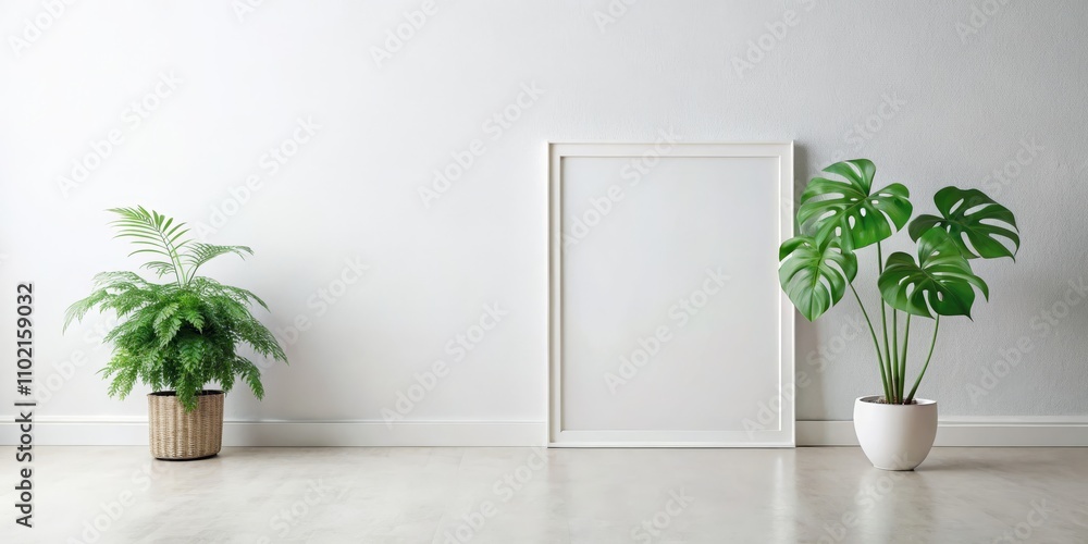 Minimalist White Wall with Empty Frame and Plants, Mockup, Interior Design, White wall, minimalist, interior design Minimalist White Wall with Empty Frame and Plants, Mockup, Interior Design, White wall, minimalist, interior design