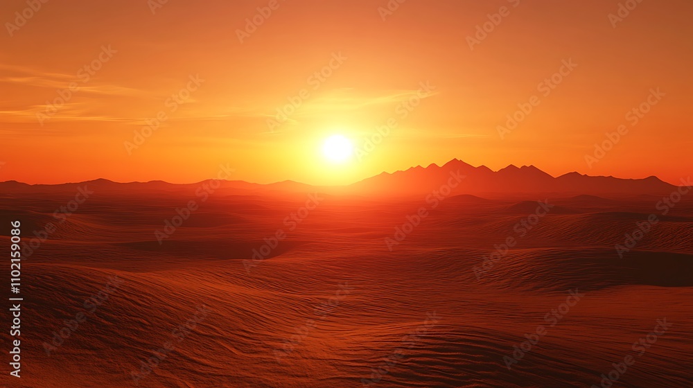 Fototapeta premium Vast desert landscape under warm sunset with mountains in the distance creating a serene atmosphere
