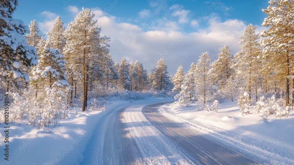 Serene Snowy Road Through Untouched Pine Forest in Winter Wonderland Serene Snowy Road Through Untouched Pine Forest in Winter Wonderland