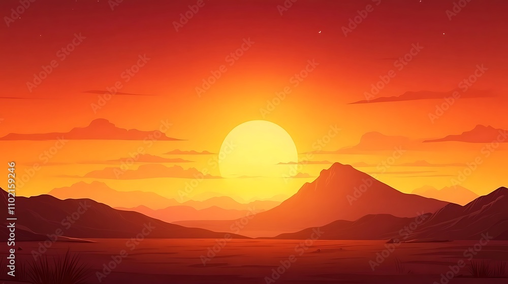Obraz premium Vivid sunset casts warm light over vast desert landscape with mountains in the distance