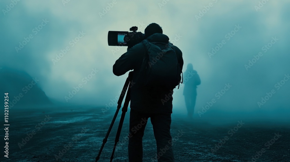 Fototapeta premium Mysterious Fog Envelops Photographer in Misty Landscape