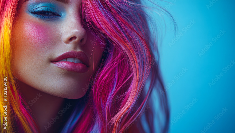 A woman with rainbow colored hair is smiling and looking at the camera. The image has a bright and cheerful mood, with the colorful hair and the woman's smile conveying a sense of happiness A woman with rainbow colored hair is smiling and looking at the camera. The image has a bright and cheerful mood, with the colorful hair and the woman's smile conveying a sense of happiness