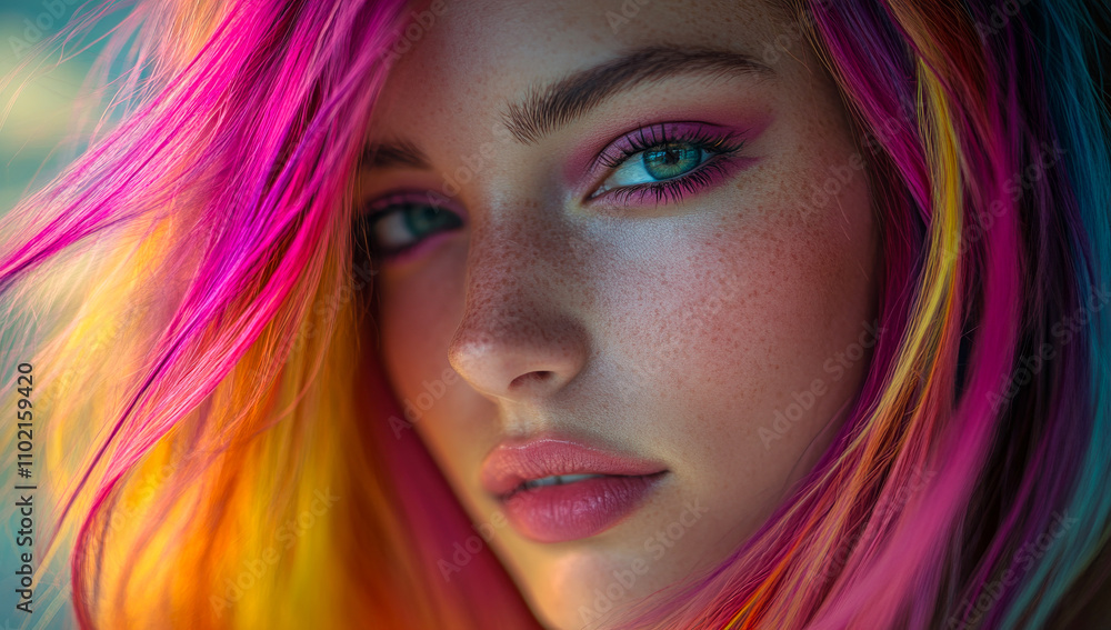 A woman with rainbow colored hair and makeup. She has a bright and colorful look A woman with rainbow colored hair and makeup. She has a bright and colorful look