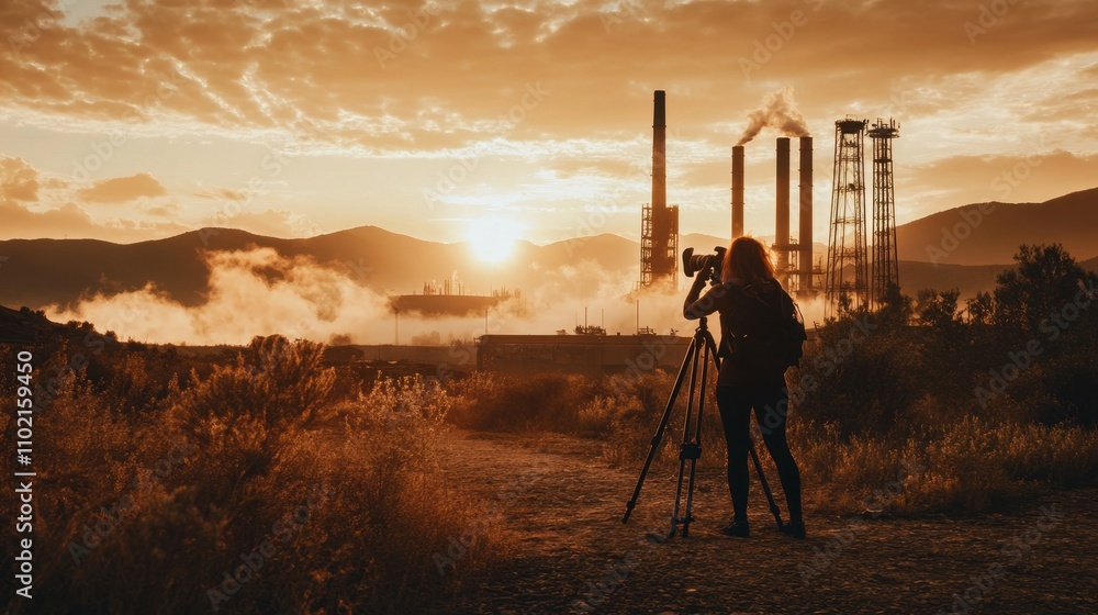 Naklejka premium Photographer Capturing the Alluring Industrial Landscape at Sunset