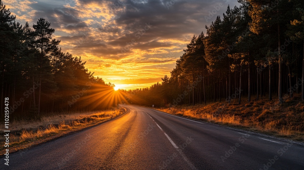Golden Sunset Over Winding Road in Pine Forest under Dramatic Sky