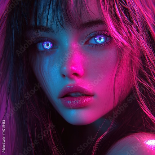 Close-up portrait of a young woman with blue and pink neon lighting and glowing white eyes.