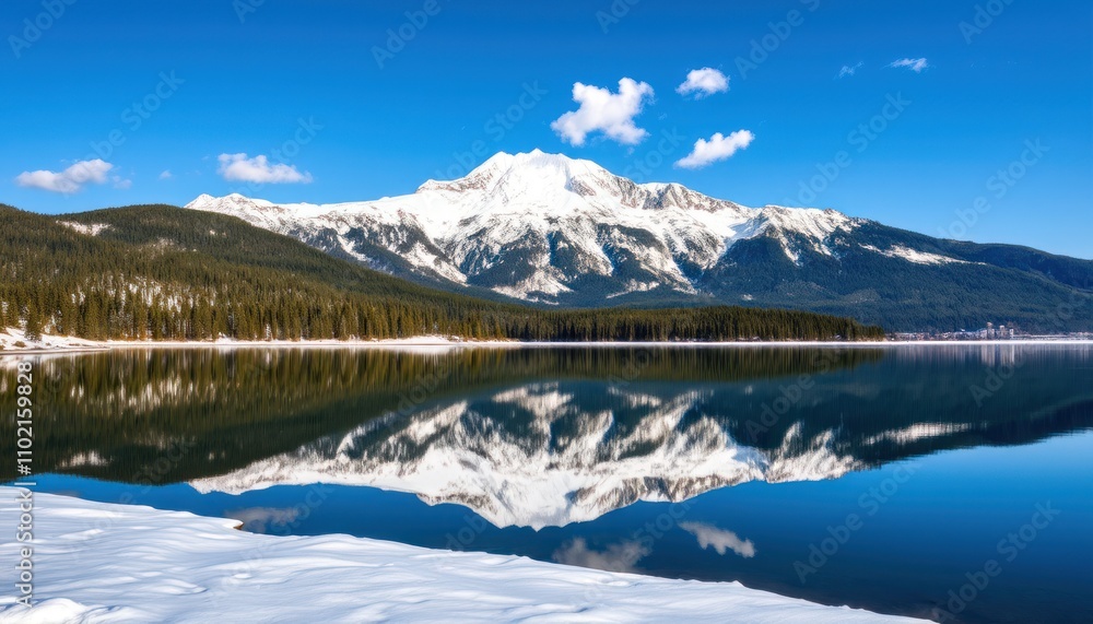 Naklejka premium Snow-capped mountain reflected in a calm lake, winter scenery.