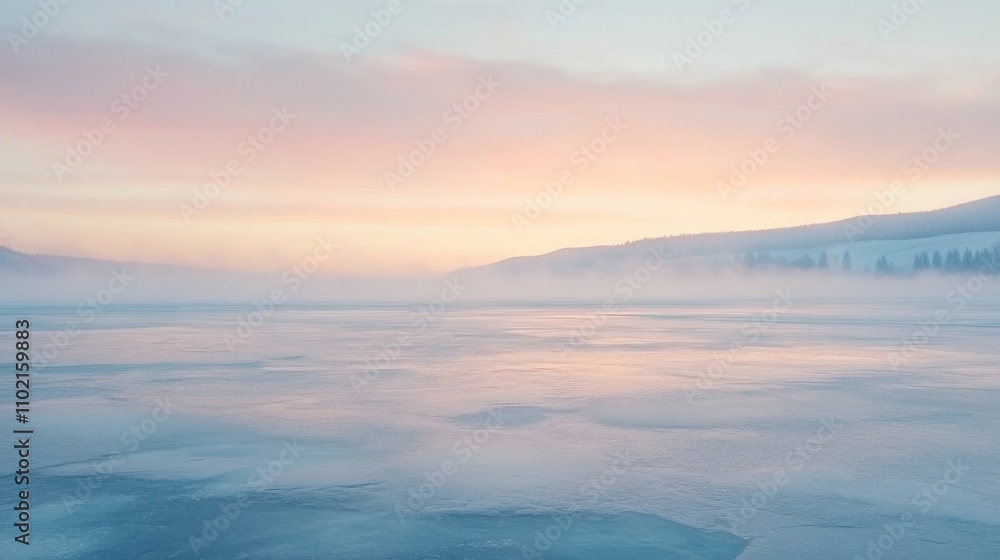 Foggy Sunrise Over a Frozen Lake and a Snowy Mountain Range Foggy Sunrise Over a Frozen Lake and a Snowy Mountain Range