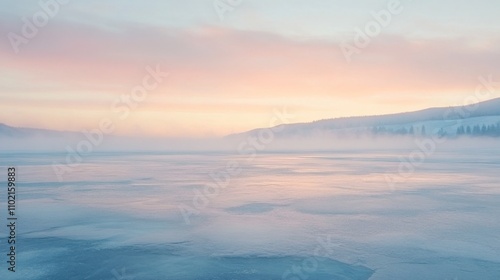 Foggy Sunrise Over a Frozen Lake and a Snowy Mountain Range