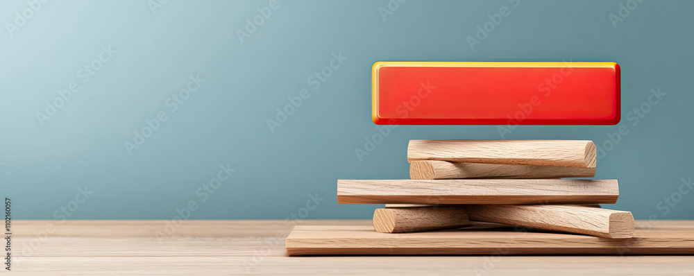 A unique arrangement of wooden blocks and a bright red piece on a table against a pale blue backdrop, symbolizing creativity and play. A unique arrangement of wooden blocks and a bright red piece on a table against a pale blue backdrop, symbolizing creativity and play.