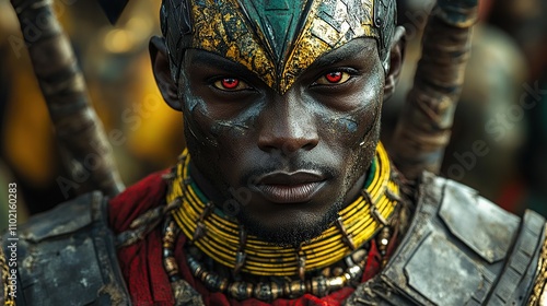 A close-up portrait of a warrior with red eyes and tribal markings. photo