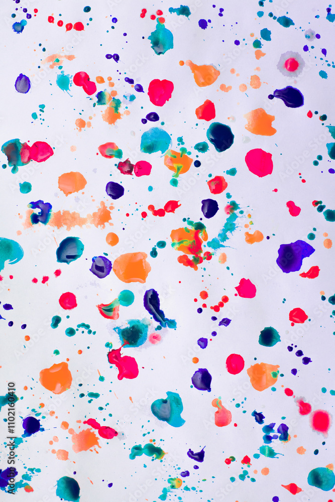 Drops of paints of different colors, on a white sheet of paper, artist's studio. Background for your creative design or addition to illustrations. Drops of paints of different colors, on a white sheet of paper, artist's studio. Background for your creative design or addition to illustrations.
