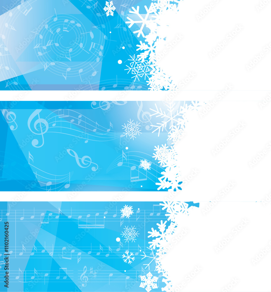 templates with music notes and white snowflakes - set of vector blue banners