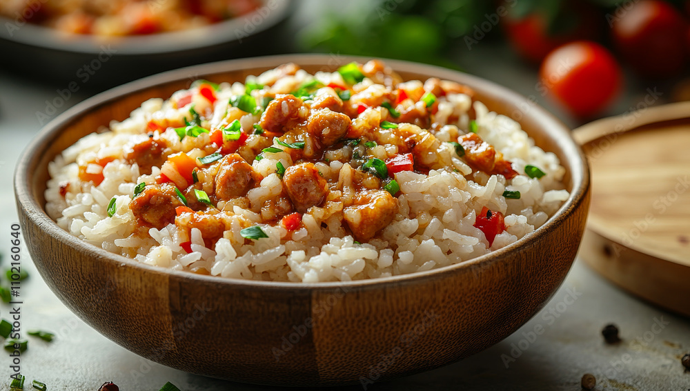 A bowl of rice with meat and vegetables. The bowl is wooden and the rice is white A bowl of rice with meat and vegetables. The bowl is wooden and the rice is white